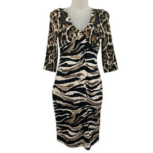 JUST CAVALLI Brown Animal Print 3/4 Sleeve Cutout Stretch Midi Dress Large